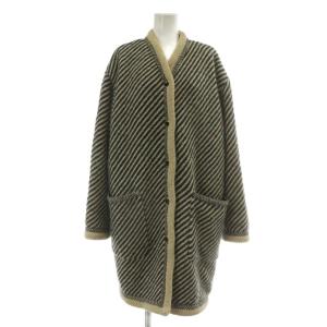 ノーカラー コート アウター ウール シルク混 アルパカ混 ミドル ボーダー 総柄 42 M 紺 ネイビー