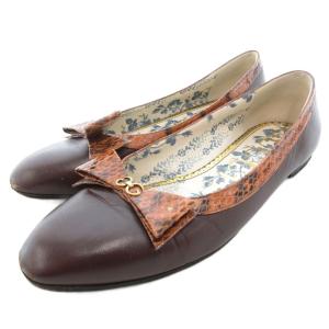 フラットパンプス バレエシューズ レザー ロゴ リボン 39 25.5cm 茶 ブラウン /JS GY11