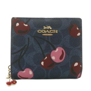 財布 二つ折り PVC レザー さくらんぼ チェリー 総柄 ロゴ ゴールド金具 紺 ネイビー 赤 レッド