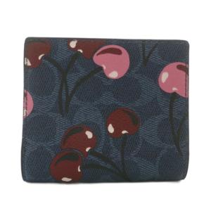 COACH 財布 二つ折り PVC レザー さくらんぼ チェリー 総柄 ロゴ ゴールド金具 紺 ネイビー 赤 レッド