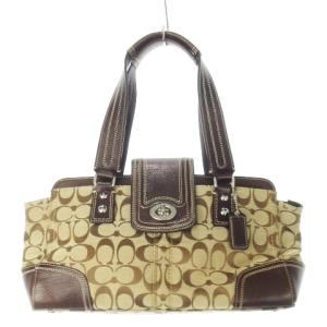 ハンドバッグ キャンバス レザー 革 シグネチャー ロゴ型押し ターンロック 茶 ブラウン F13975