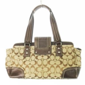 COACH ハンドバッグ キャンバス レザー 革 シグネチャー ロゴ型押し ターンロック 茶 ブラウン F13975
