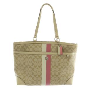マザーズバッグ トートバッグ PVC レザー シグネチャー ヘリテージ ストライプ 総柄 ロゴ ベージュ