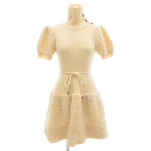 ワンピース ひざ丈 38 モヘヤ混 リブニット ロゴ刺繍 半袖 タートルネック ボア アイボリー /AE