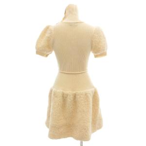 BURBERRY BLUE LABEL ワンピース ひざ丈 38 モヘヤ混 リブニット ロゴ刺繍 半袖 タートルネック ボア アイボリー /AE