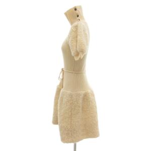 BURBERRY BLUE LABEL ワンピース ひざ丈 38 モヘヤ混 リブニット ロゴ刺繍 半袖 タートルネック ボア アイボリー /AE