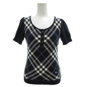 タグ付き ニット セーター 38 ヘンリーネック 半袖 チェック柄 ロゴ刺繍 紺 ネイビー /AE GY17