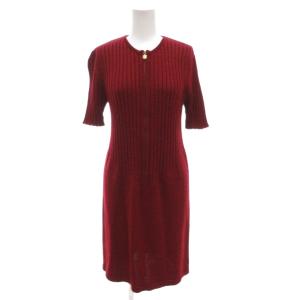 美品 ワンピース ニット S リブ 切替 半袖 ひざ丈 クルーネック 赤 レッド /AE GY17