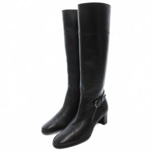 美品 ロングブーツ 23.5cm シューズ レザー チャンキーヒール サイドジップ ベルト 黒 ブラック