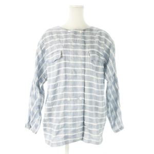 SPORTS シャツ ブラウス ノーカラー 長袖 麻 リネン混 チェック 総柄 M 青 ブルー /AO3