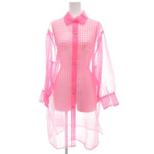 美品 シャツ ブラウス 長袖 9 ピンク チェック柄 シアー フロッキータイガープリント /UO GY18