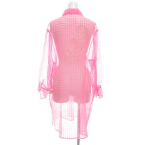 伊太利屋 美品 シャツ ブラウス 長袖 9 ピンク チェック柄 シアー フロッキータイガープリント /UO GY18
