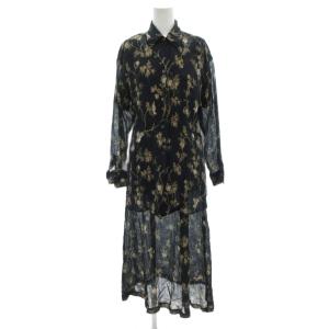 アンサンブル シャツ ワンピース 36 半袖 長袖 ロング丈 シルク混 総柄 黒 ブラック /AE GY18