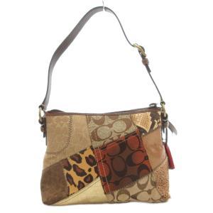 COACH 42005 シグネチャー ミニハンドバッグ ワンショルダー 肩掛け パッチワーク ロゴ レザー 革 茶