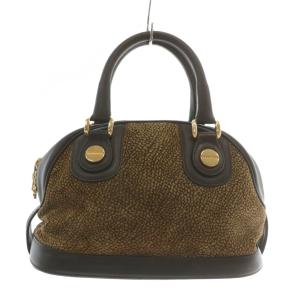 ハンドバッグ スエード レザー うずら柄 ロゴ ゴールド金具 茶色 ブラウン /XZ GY18