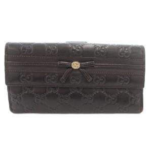 256933 Wホック グッチシマ 二つ折り長財布 ウォレット 小銭入れあり レザー リボン 茶 ダークブラウン