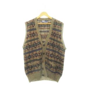 90s ヴィンテージ HAND KNIT ハンド ニット ベスト 前開き Vネック ウール 総柄 L 茶