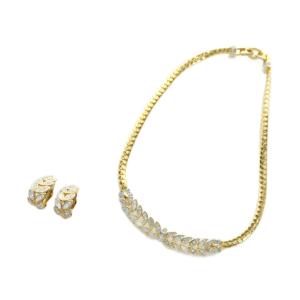 ネックレス イヤリング セット アクセサリー ロゴ クリスタル リーフ クリップ式 両耳用 ラインストーン