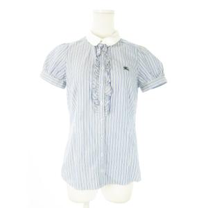 半袖シャツ ラウンドカラー コットン ストライプ ロゴ刺繍 フリル 38 M 紺 ネイビー /AO25