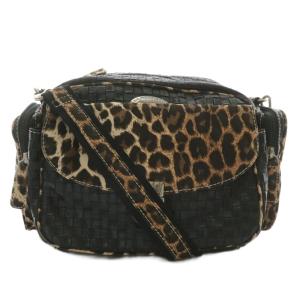ショルダーバッグ ボディバッグ 2WAY キャンバス レザー 編み込み ヒョウ柄 レオパード 黒 ブラック