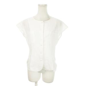 SPORTS 半袖ブラウス シャツ ノーカラー フレンチスリーブ リネン 麻 ロゴ 刺繍 S 白 ホワイト