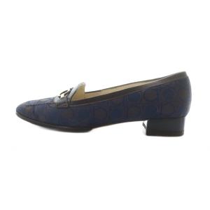 Salvatore Ferragamo パンプス ジャガード ガンチーニ 総柄 ロゴ スクエアトゥ レザー 6 23.5cm 紺 ネイビー 茶