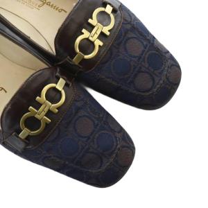Salvatore Ferragamo パンプス ジャガード ガンチーニ 総柄 ロゴ スクエアトゥ レザー 6 23.5cm 紺 ネイビー 茶
