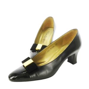 パンプス ハイヒール スクエアトゥ レザー 革 切替 エナメル ロゴ刻印 ベロアリボン 36 23.0cm