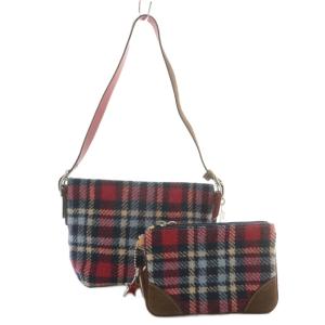ハンドバッグ ワンショルダー ウール チェック柄 総柄 ポーチ付き 赤 レッド 紺 ネイビー /XZ GY18