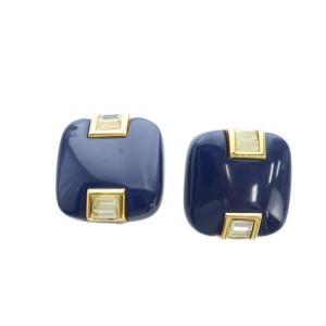 ヴィンテージ イヤリング アクセサリー クリップ式 両耳用 スクエア ラインストーン 金色 紺 ゴールドカラー