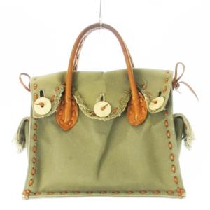 ハンドバッグ キャンバス レザー 革 ステッチ リボン フラップ 緑 カーキ /CK17 GY18
