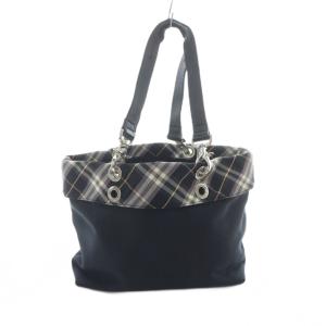 BURBERRY LONDON ハンドバッグ トート レザー ロゴ チェック柄 ナイロンキャンバス 黒 ブラック GY18 /MQ