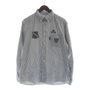 ボタンダウンシャツ 長袖 ストライプ ロゴ ワッペン L 紺 ネイビー 白 ホワイト GY11 /MQ