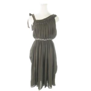 シルクワンピース ひざ丈 ノースリーブ 絹 レース タック リボン 透け感 アシンメトリー 36 S 茶