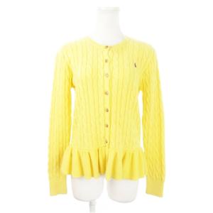 ニットカーディガン クルーネック 長袖 ペプラム フリル ロゴ刺繍 大きいサイズ XL 黄 イエロー /AH12