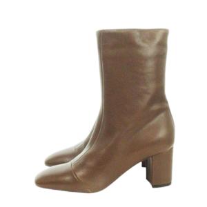 ショートブーツ ミドル丈 ミドルヒール アーモンドトゥ レザー 35.5 22.5cm 茶 ブラウン /AH2