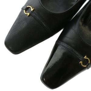 Salvatore Ferragamo パンプス レザー スクエアトゥ ハイヒール ガンチーニ 7.5 24.5cm 黒 ブラック /XZ GY40