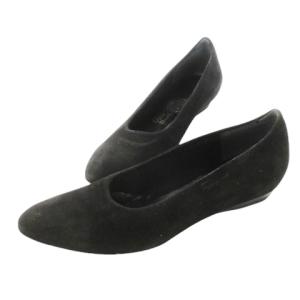 パンプス ウェッジソール ポインテッドトゥ スエード レザー 革 ロゴ刺繍 7.5 24.5cm 黒 ブラック