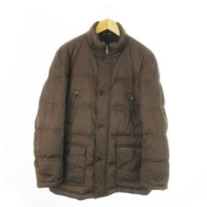 ダウンジャケット スタンドカラー ジップアップ 袖リブ ロゴ フード収納 L 茶 ブラウン /AO10