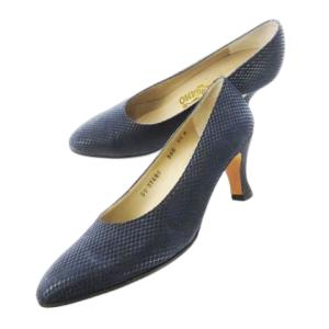 パンプス ハイヒール アーモンドトゥ スエード リザード柄 7.5 24.5cm 紺 ネイビー /CK16