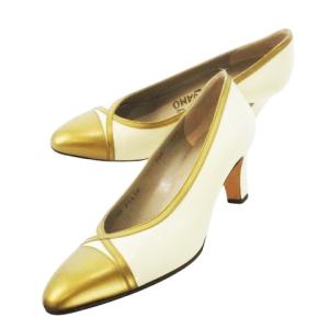 パンプス ハイヒール アーモンドトゥ レザー 革 切替 配色 7.5 24.5cm ゴールドカラー 白