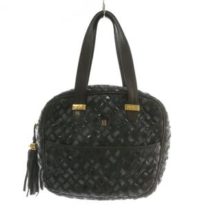 ハンドバッグ レザー 編み込み タッセル ロゴ ゴールド金具 黒 ブラック /XZ GY18