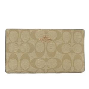 長財布 二つ折り PVC レザー シグネチャー 総柄 ロゴ ゴールド金具 ベージュ 白 ホワイト C8714