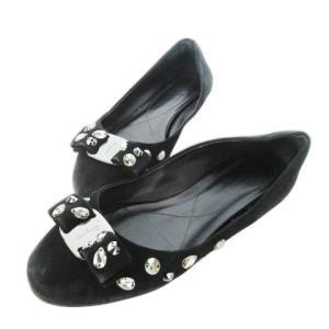 バレエシューズ スエード ヴァラリボン ロゴ ビジュー ビーズ 小さいサイズ 4.5 21.5cm 黒