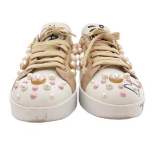 DOLCE&GABBANA ポルトフィーノ スニーカー シューズ グラフィティ ロゴ ビジュー フェイクパール 35 白 ホワイト