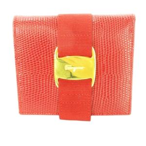 二つ折り財布 ウォレット 小銭入れあり レザー 革 ヴァラ ロゴ刻印 リザード型押し 赤 レッド /CK2