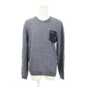 サマーニット セーター ラウンドネック 長袖 リネン混 麻 切替 デニム ロゴプレート M 紺 ネイビー