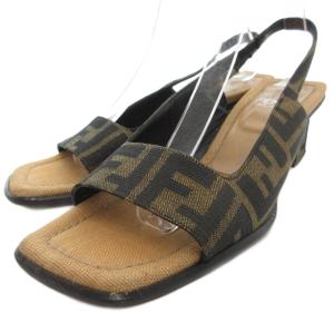サンダル ズッカ柄 キャンバス スクエアヒール 37 茶 ブラウン 黒 ブラック /JS GY18