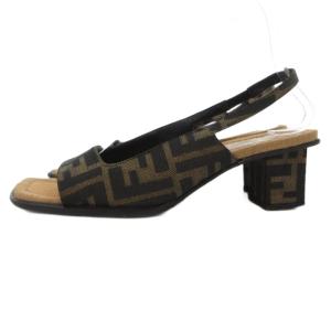 FENDI サンダル ズッカ柄 キャンバス スクエアヒール 37 茶 ブラウン 黒 ブラック /JS GY18