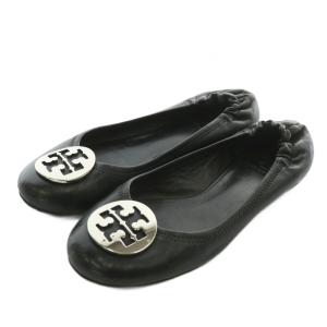 バレエシューズ フラットシューズ レザー ラウンドトゥ ロゴ シルバー金具 7.5M 24.5cm 黒